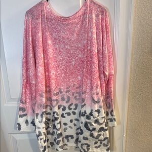 PinkWhite Leopard XL 3/4 Sleeve Drop shoulder Oversized blouse W/ front2pockets